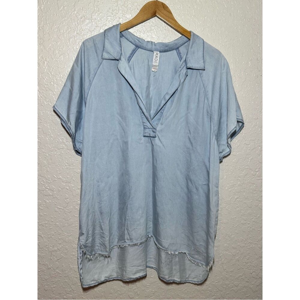 Amadi Anthropologie Chambray Popover Tunic Top Blue Short Sleeve Large Tencel